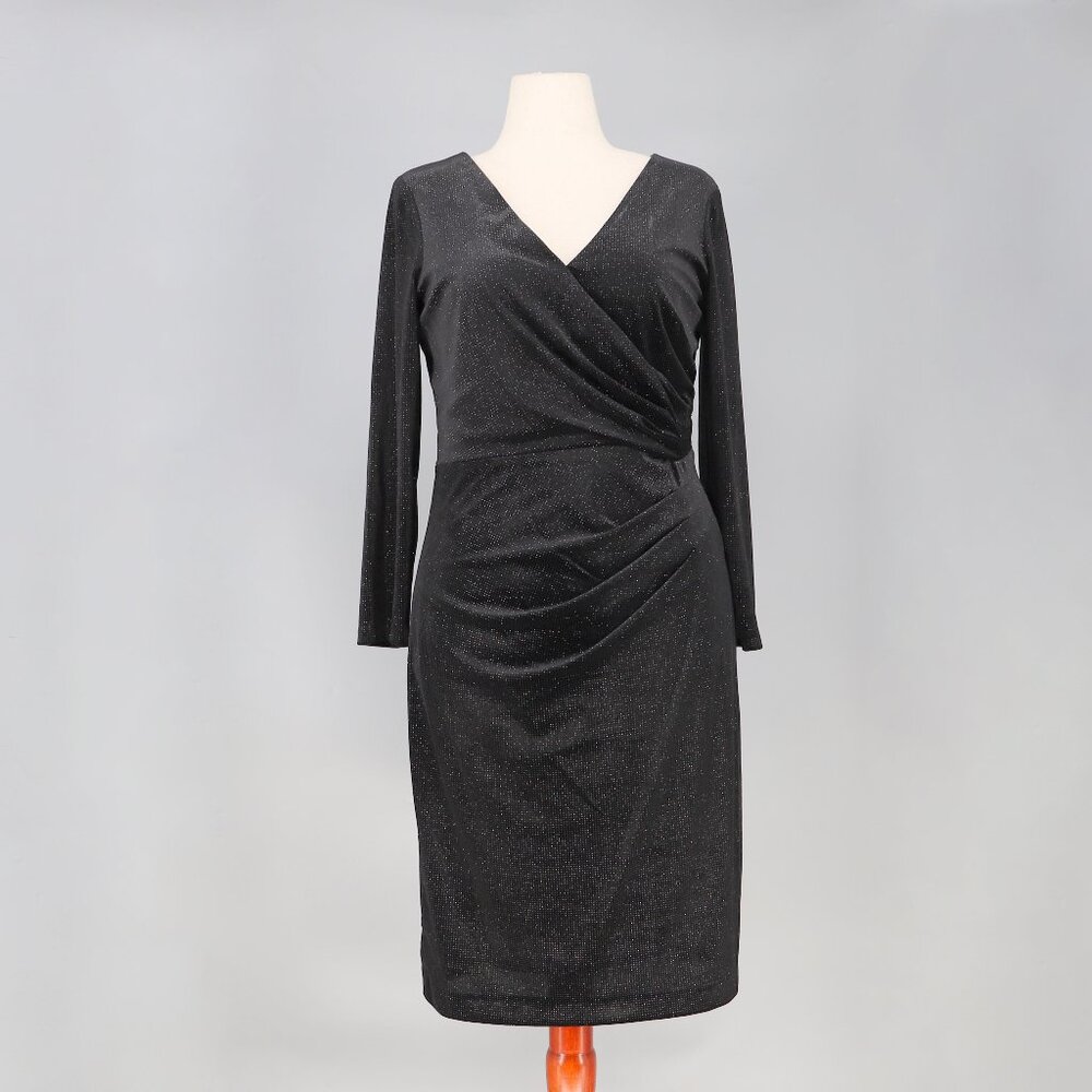 ELIZA J Faux Wrap Sequin Surplice V-Neck Long Sleeve Dress Black Size 12
